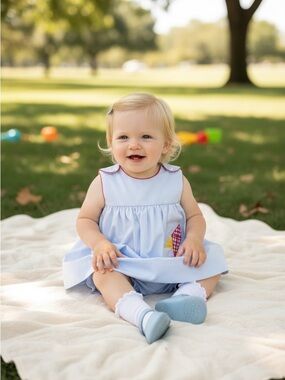 Petit Ami Light Blue Sleeveless Dress with Ice Cream Patch with Bloomers 18M